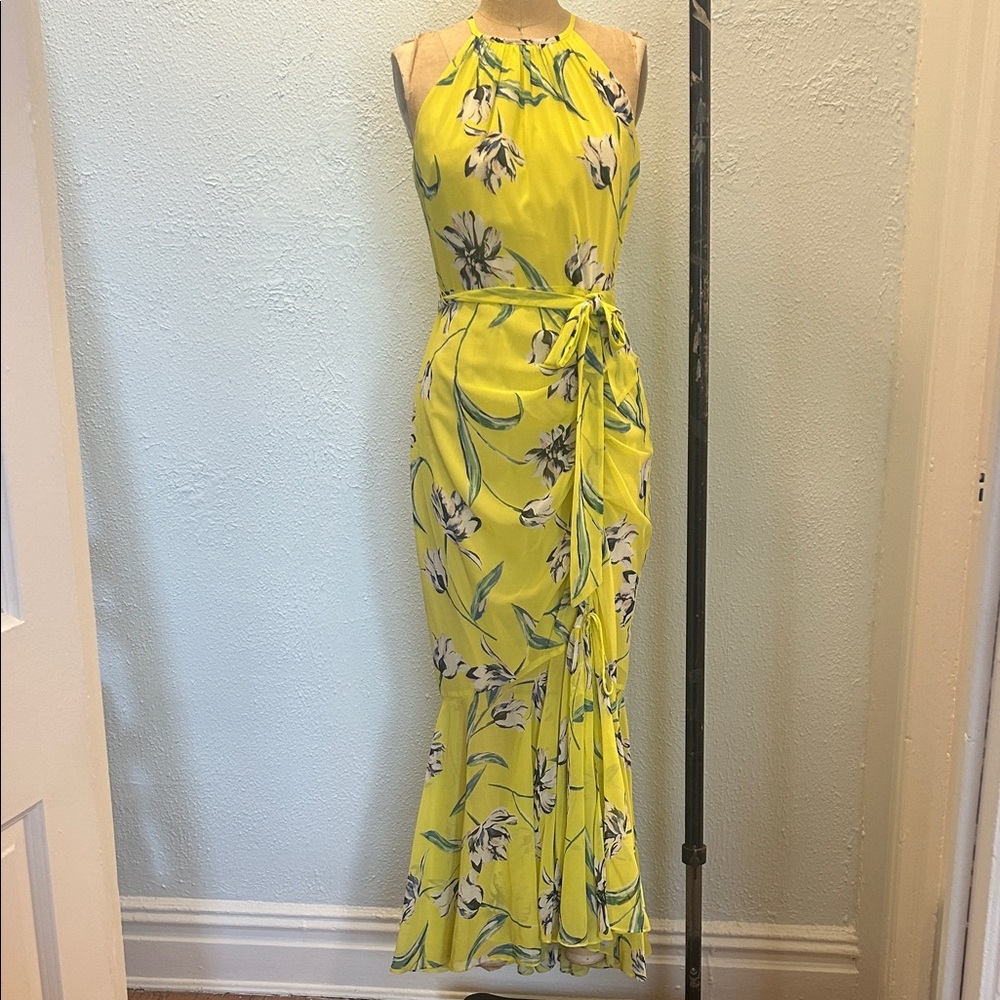 Eliza J Yellow Floral Halter Maxi Dress with Tie Waist
